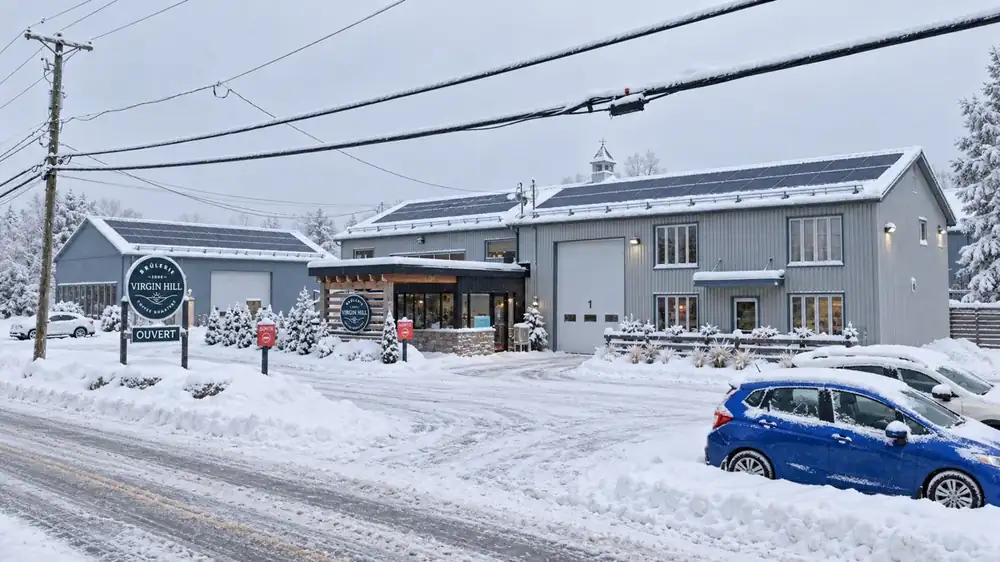 Rendering of the café on a grey, snowy day