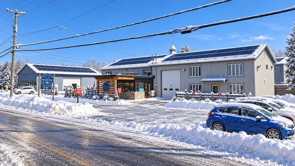 Rendering of the café after a snowstorm on a clear day, panels free of snow